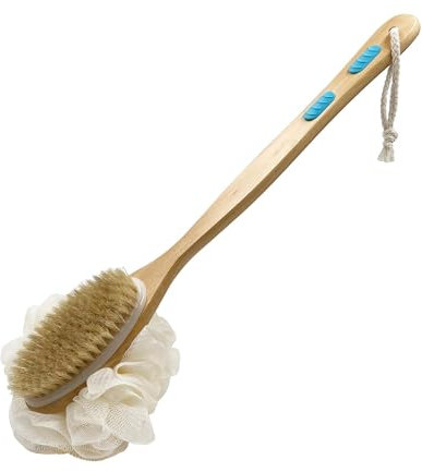 Hanstock Back Scrubber 43cm Long Wooden Handle, Double-Sided Shower Brush with Stiff Bristles and Loofah Exfoliates and Massages Skin, Ideal for Men and Women