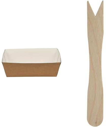 ABENA Gastro Kraft Paper Food Trays, 90 Disposable Bowls for Hot Food| 17x12x3cm | Brown Disposable Trays + Abena Gastro Disposable Wooden Chip Forks | Pack of 100 | 8.5cm | Perfect for Fish and Chips