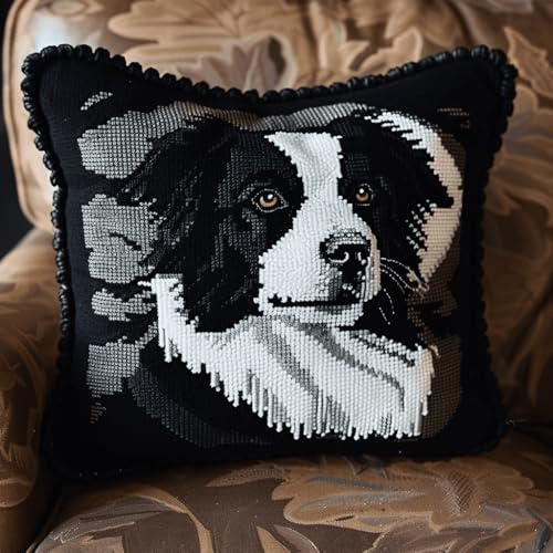 DIY knüpfen set erwachsene Border-Collie-Tier knüpfkissen Schwarz-weißer Hund Kissenbezug zum Selbermachen für Anfänger und Erwachsene，Geschenke für Familie，Freunde，Handarbeiten，Bastel 43x43cm