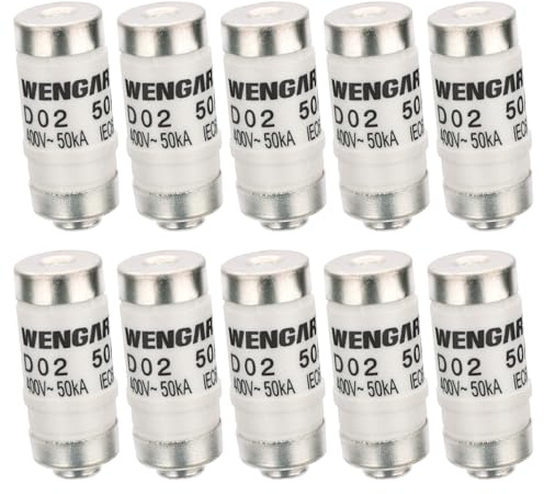 Wengart 10 Uds Fusibles Cerámicos D02 E18 (50A), gG Tipo para Protección de Líneas y Equipos, AC 400V / DC 250V, Indicador de Color Blanco, Recambio Profesional para Cuadros Eléctricos