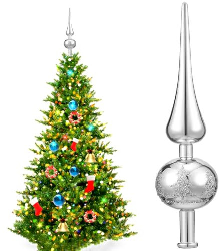 Tree Bauble - Punta per albero di Natale in argento, con pizzo per albero di Natale, in pizzo opaco, punta per albero di Natale, in vetro argento, altezza 25 cm, colore: argento