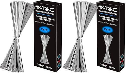 V-TAC Fascette in Acciao Inox per Cavi misura 4.6 mm x 300 mm - Confezione 100 Pezzi - per Cablaggio - Multiuso - Stringicavo Portacavi Fermacavi per Elettricista, Meccanico, Tubi in Ferro