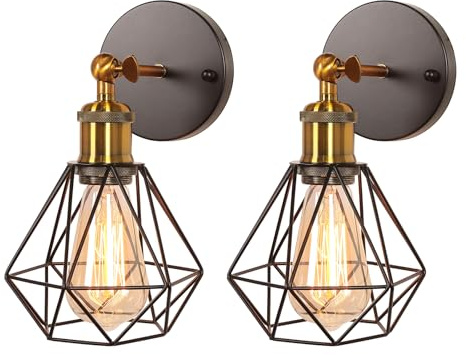 TOKIUS 2 Stücke Wandlampen Vintage 16CM Wandleuchte Innen im Industrial Design Retro E27 Lampe aus Eisen Käfig Lampenschirm Schwarz Verstellbare Deckenleuchte Wandlampe für Flur Wohnzimmer (Messing)