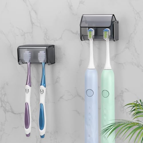 Elektrische Zahnbürste Kinder, Zahnbürstenhalter Wand Ohne Bohren für Badezimmer für Familie (Black) | Wandmontage, abnehmbar, leicht zu reinigen, atmungsaktiv, 2 Fächer, selbstklebender Zahnbürsten-Organizer für Badezimmer