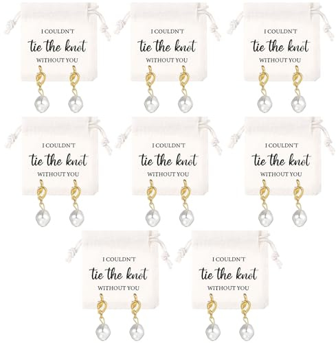 Tondiamo 8 Sets Bridesmaids Gifts Pearl Jewelry Knot Pearl Earrings and Linen Cotton Small Drawstring Bags Wedding Bridesmaids Gifts I Couldn't Tie the Knot Without You(Elegant)