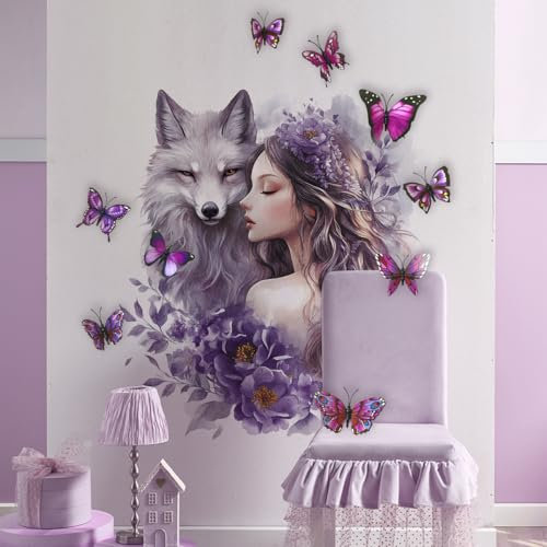 Runtoo Calcomanías de pared de lobo en 3D, diseño de mariposa, flores, hadas, para decoración de habitación de niñas, habitación de bebé, guardería