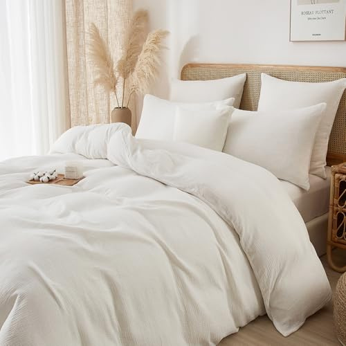 Luofanfei Baumwolle Muslin Bettwäsche 135x200 Weiß Renforce Uni Sommer Kühlende Bettwäsche Set Boho Weiche Bettbezug Knitterlook Bügelfrei mit Reißverschluss und Kissenbezug 80x80cm