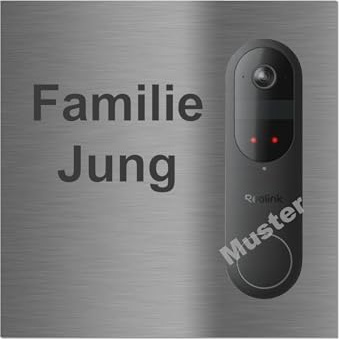 Jung Edelstahl Design Türschild für Reolink Video Doorbell (Battery) aus V2A Edelstahl - Klingelschild 20x20 cm Haustürschild mit Namen individuell personalisierbar (Edelstahl, 20 x 20 cm)