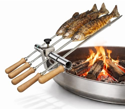 SCHILLING Fischgrilltechnik/Steckerlfisch Halter/Feuerschale/Feuertonne/Edelstahlspieße / 4 Fische