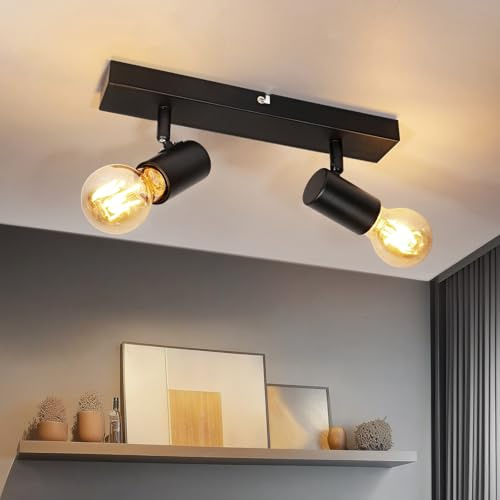 Dehobo Deckenstrahler 2 Flammig, Deckenleuchte E27 Deckenlampe Schwarz | Flur Deckenspot Vintage Wandstrahler Schwenkbar 350° MAX.50W Küche lampe für Wohnzimmer Schlafzimmer (ohne Leuchtmittel)