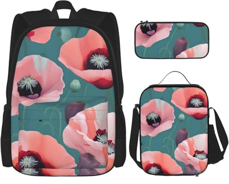 OXKGHHO Juego de mochila de trabajo con estampado de amapolas pastel con lonchera aislada, correas ajustables, para gimnasio y uso diario, Negro -, Talla única