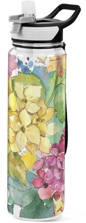 Bouteille d'eau de sport en plastique Tritan sans BPA avec motif fleur d'hortensia jaune - 1 l - Pour l'école, le bureau, la gym, le cyclisme