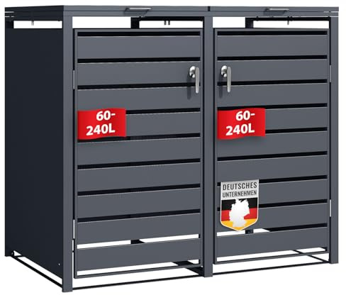Abri poubelles avec décor Bois, Structure en Acier Inoxydable | 1 à 3 Portes | Rangement poubelles de 60 à 240 L – Anthracite avec décor Bois (Gris foncé Magnus, 132 × 80 × 116 cm (2 Portes))