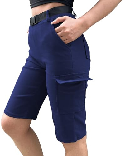 Nuofengkudu Petite, cargobyxor, dam, korta byxor med ficka, stretch, hög midja, sommar, korta arbetsbyxor, joggingbyxor, fritidsbyxor, tonåring, flickor, Y2k, hotpants, shorts, Knälång marinblå, XXL