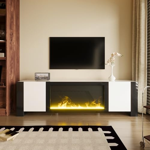 Merax TV-Schrank 165x32x55 cm, mit Elektrischem Kamin Flammeneffekt, Stauraum mit Regalen, Stabile Struktur, Dekorativ ohne Heizfunktion, Stilvolles Design für Wohnzimmer, Weiß und Schwarz