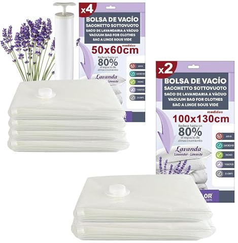 VIDA SOL 6 Bolsas (4 * 50x60cm + 2 * 100x130cm) de Vacío Con Bomba Manual, Olor Lavanda, Bolsas Almacenaje Reutilizables para Edredones, Mantas, Ropa, Viaje y Mudanza, Extra Gruesas