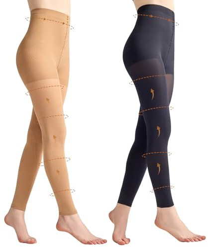 Yilanmy 2 Pairs Footless Compression Tights for Women, 80D Semi Opaque 10-15mmHg High Waist Support Pantyhose