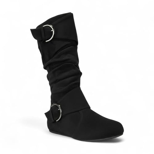 Women Round Toe Buckle w/Side Zip Slouch Flat to Low Heel Mid-Calf Boots, Black Suede, 8.5