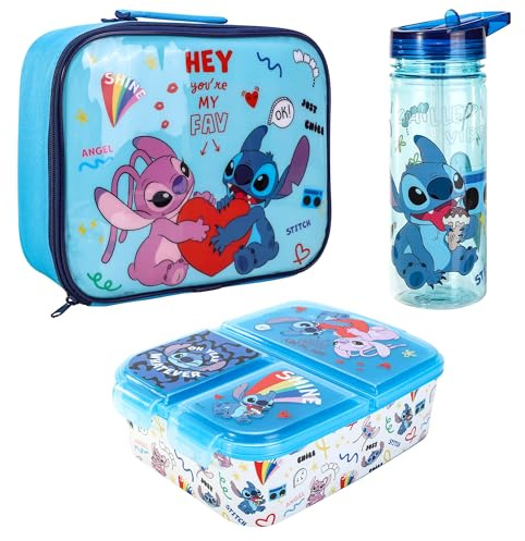 Disney Stitch Kids - Juego de lonchera para niños, bolsa de almuerzo aislada, lonchera multicompartimento y botella de agua de 580 ml, juego de comida para el almuerzo de viaje escolar, sin BPA