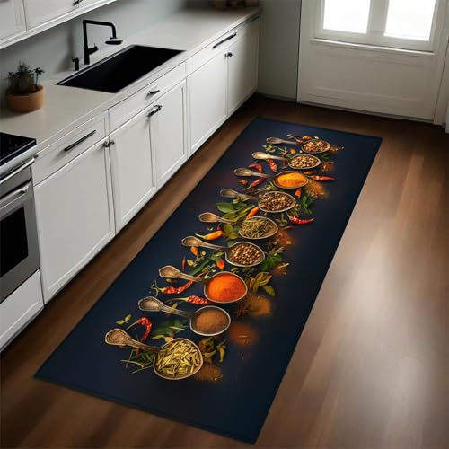 Schwarz Waschbarer Küchenläufer 60x180 cm rutschfest Gewürze und Chilipulver Design Türmatte für Küche und Bar Pflegeleicht Dekorativer Teppich Läufer