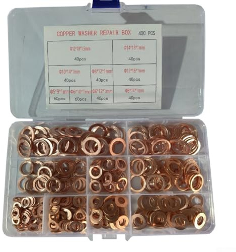 Set di guarnizioni in rame, piatte per kit assortito di guarnizioni ad anello, in scatola per la riparazione di elettrodomestici, industriali, automobilistici e domestici, assortimento da 150 pezzi