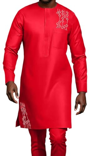 YOSUWOAI Abbigliamento africano Uomo Abbigliamento musulmano Vestito tradizionale Dashiki Moda Costume etnico Africano 2 pezzi Camicia e pantaloni Abito etnico per preghiere ed escursioni, Q rosso