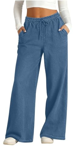 Jeans a gamba larga da donna elasticizzati a vita alta a gamba dritta pantaloni della tuta jeans a vita elastica Palazzo Denim Pantaloni da donna Pantaloni larghi in denim con tasche, Blu, M