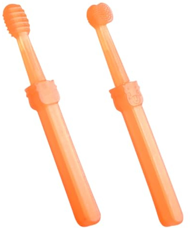 HOMSFOU Juego de 2 Cepillos de Dientes para Bebés con Cerdas de Silicona Suaves, Diseño de Animales, Limpiador de Lengua Incluido, Tamaño Compacto para Cuidado Bucal Infantil