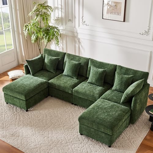 BTM Wohnlandschaft U Form mit Kissen, Wohnzimmer Modulares Sofa Modernes 6 Sitzer Big Sofa Set Grün Chenille
