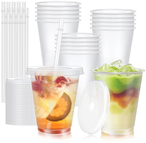 ALEXPRE 15PCS Reusable Plastic Cups with Lids and Straws,Slushie Cup | 16oz/475ml Clear Cold Cup Tumblers with Lid,Plastic Cups for Smoothies,Juice,Iced Coffee,Parties&Outdoor Events
