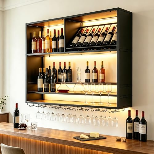 Portabottiglie da Vino a Parete con LED, Industriale 4 Livelli Scaffale Vino in Metallo e Legno con Portabicchieri, Grande Espositore Multifunzione Scaffale Portavino per Bar Ristorante (black, 100cm)