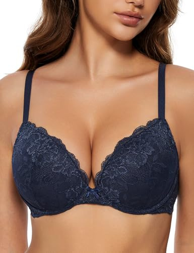 WingsLove Women's Push up Bra Floral Lace Padded Underwire Bra Demi Plunge (Navy Blue 34DD)