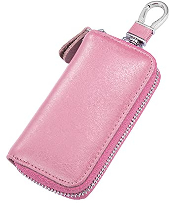 BAKUN Compact Zipper Leather Car Key Case, Card Holder Key Organizer Wallet with 6 Hooks (Pink)