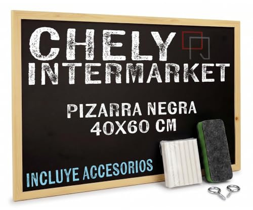 CHELY INTERMARKET Pizarra Negra 40X60 CM Pared Marco Madera Incluye Tizas Borrador Ganchos Tablero Tiza Infantil Escuela Oficina Mensajes Decoración Visual Clásica Horizontal Vertical Escritorio