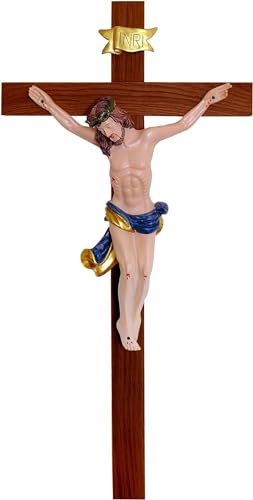 Kaltner Präsente Geschenkidee – Holzkreuz Wandkreuz Kruzifix aus Echtholz Buche Kreuz Nussbaum mit Jesus Christus Figur aus Kunststein handbemalt (Höhe 35 cm)