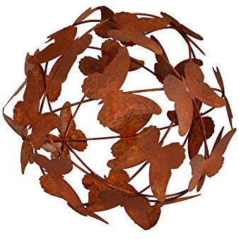 UNUS Boule de décoration de jardin en métal patiné – Motif papillon – Boule décorative en métal aspect rouille (19 cm)