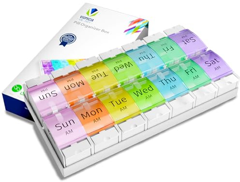 Viomicia Pill Box 7 Day 2 Times a Day Easy to Open Pill Organiser with Push Button Pop Lids Large 14 Compartments Tablet Organiser for Vitamins & Meds