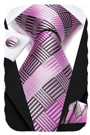 Hi-Tie Mens Pink Plaid Tie Set Silk Necktie Woven Formal Ties with Pocket Square Cufflinks Set for Wedding Party