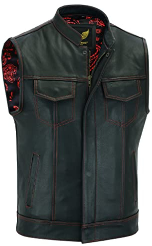 Leatherick Groove Club Hommes Gilet Cuir Biker - Doublure Traditionnelle En Satin Paisley (FR/ES, Numérique, 48, Taille normale, Taille normale)