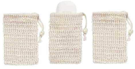 Sac à Savon en Sisal, Sac à Savon Bio, Sachets à Savon en Coton, Naturel Sachet à Savon Avec Cordon Déal pour la Baignade et le Lavage pour Massage Exfoliant Favorise la Circulation Sanguine, 3Pcs