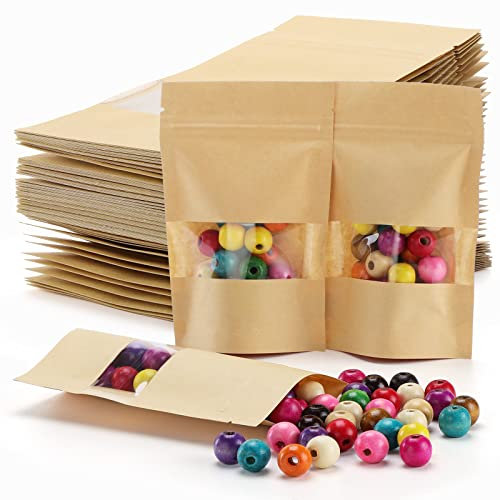 Sacs alimentaires en papier kraft, sachets refermables, sacs hermétiques, sacs d'emballage alimentaire en papier avec fenêtre transparente pour noix, grains de café, céréales, aliments secs, etc.