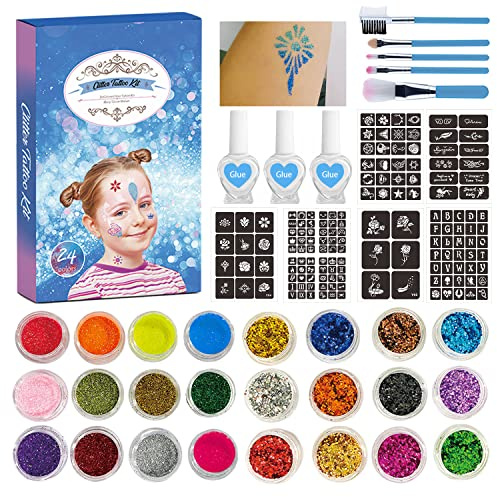 URFEDA Glitzer Tattoo Set Kinder, Temporäre Glitzertattoo Make Up Kit für Kinder, Mädchen,Erwachsene -50 Farben, Schablonen,Strasssteine, Hautfreundlich Körper Flash Tattoos für Fasching Party