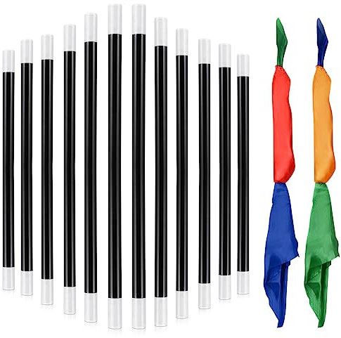 TANCUDER 12 Stück Magischer Zauberstab Schwarz-Weiß Schwebender Zauberstab Kunststoff Trick Party Zauber Stab mit 2 vierfarbige Magie Schals für Themenparty, Zauberer und Magier 24,5cm/9.6Zoll