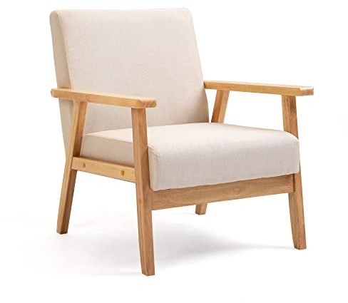 Mingone Fauteuil de Salon en Bois Chaise Longue Relax Chaise D'appoint avec Accoudoirs Chaise de Canapé de Loisirs en Lin pour Salon Chambre Vérandas, Beige