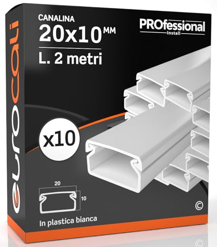 Canalina Passacavi 20x10 mm in plastica bianca con coperchio (20m) | Lunghezza 2 metri - Pacco da 10 Canaline