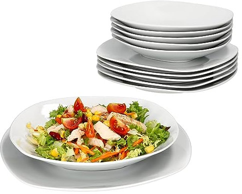 MamboCat Lotta Servizio da tavola 12 pezzi, stoviglie in porcellana bianca per 6 persone, 6 piatti fondi e 6 piatti piani, piatti piani e piatti profondi per insalata e pasta, piatti per colazione,