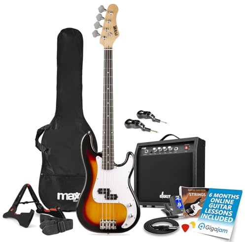 Max GigKit Wireless Beginner Bass Guitar Pack – Sunburst Finish with 40W Amplifier, Wireless Transmitter & Receiver System, Accessories and Online Bass Lessons – Ideal Starter Bass Kit