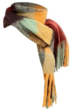 LOIJMK Gewebter Damen-Strickschal mit buntem Karomuster und langen, dicken Fransen, warmer Winter Schal Damen Schwarz (Yellow, One Size)
