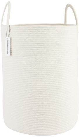 XUANGUO Cotton Rope Laundry Basket Hamper for Clothes Woven Storage Basket for Living Room Bedroom Boho Tall Rope Baskets for Blanket Toys Pillow Towels Baby Nursery Hamper Bin Large white