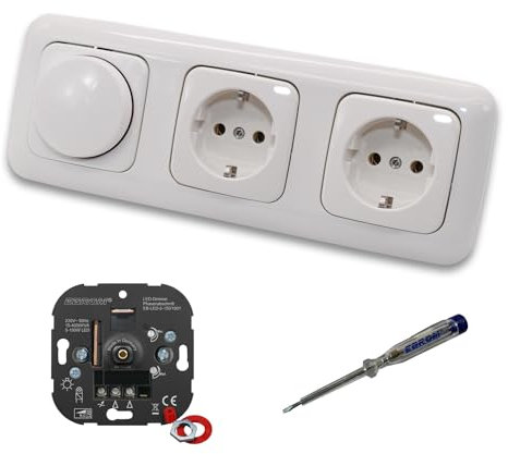 EBROM 1001 LED Drehdimmer Dimmer + Busch Jäger Dimmerscheibe 2115-214 und 2 x Steckdose 20EUC-214 in Reflex Si alpinweiß glänzend inklusive EBROM Phasenprüfer zur Montage der Geräte
